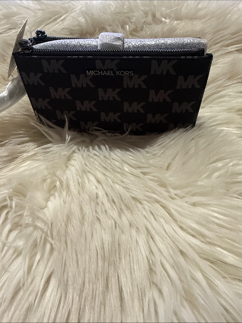 Michael Kors Black MK Logo Zip Card Case with Silver Accent - Picture 2 of 7